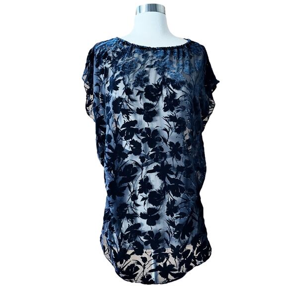 NILI LOTAN Graham Floral Velvet Burnout Tunic Silk Blouse Dark Navy USA Small - Picture 2 of 13